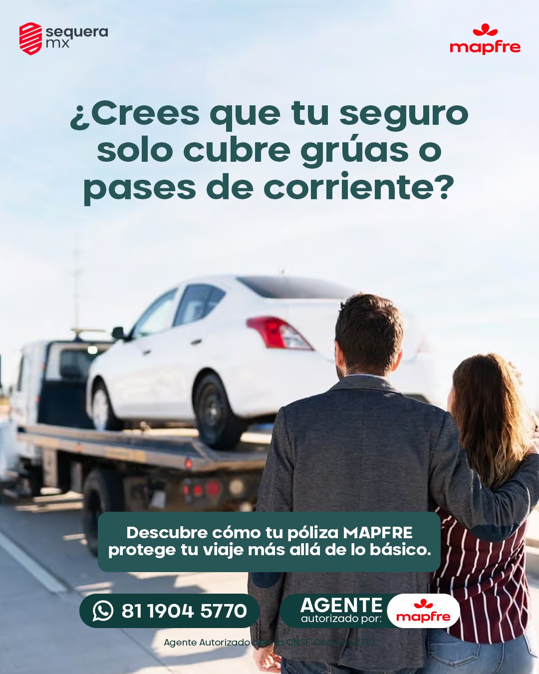 Campaña Sequeramx sobre asistencias: una pareja junto a un vehículo en una grúa