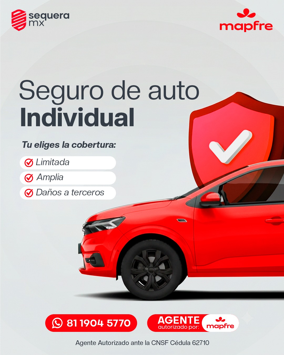 Flyer Sequeramx de Seguro de auto Individual con opciones Limitada, Amplia y Daños a terceros