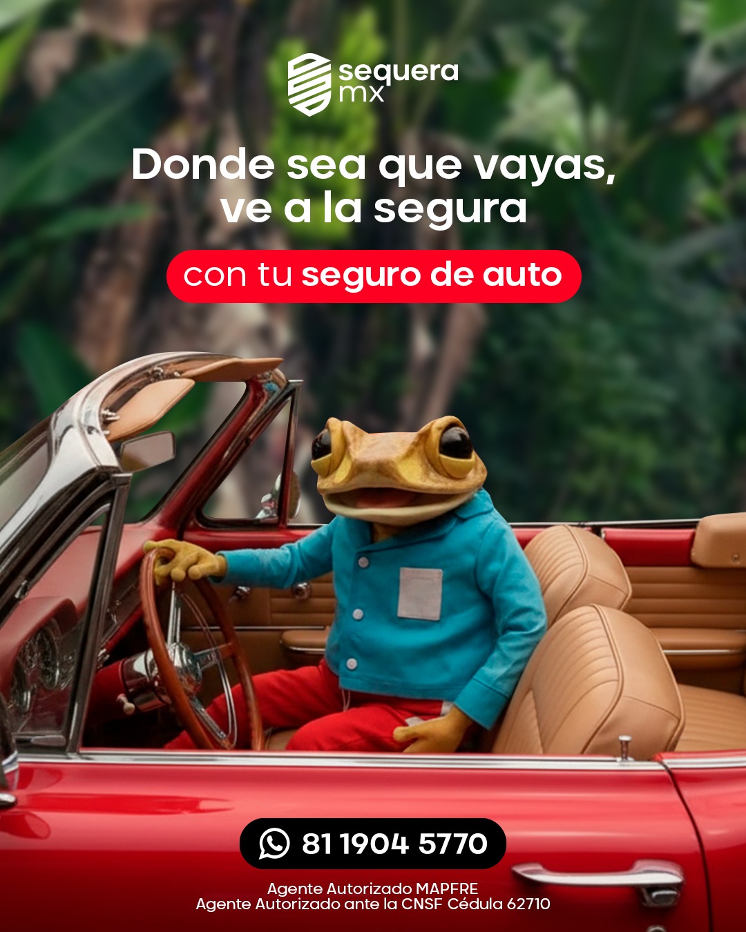 Campaña Sequeramx: una rana conduce un auto convertible, Donde sea que vayas, ve a la segura